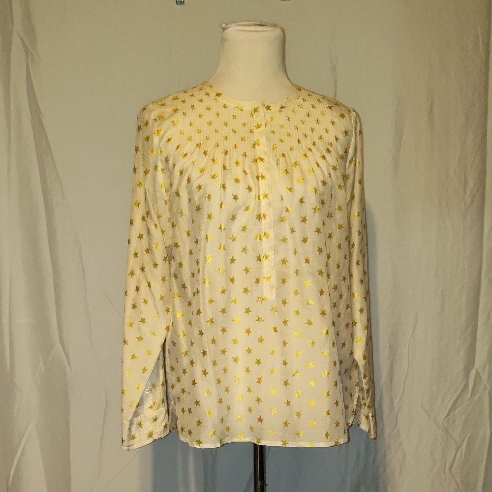 J crew Gold Star Patterned Shear Long Sleeve Silk Blend Blouse Size 10